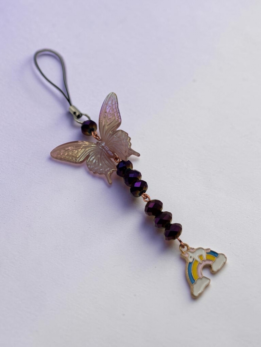Iridescent Butterfly Bead Phone Charm – Rainbow Dangle Handmade